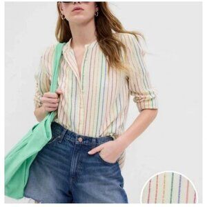 Gap Crinkle Gauze Metallic Striped Button Up Shirt Top Women's Large.